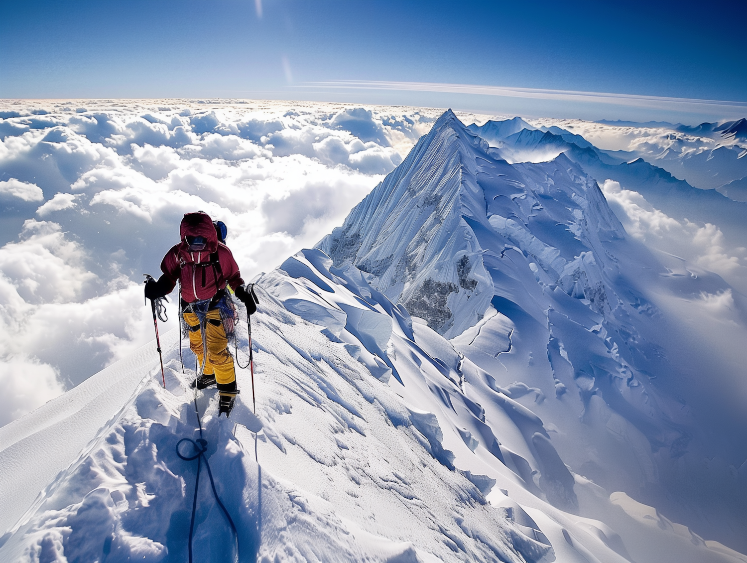 Mountaineer Traversing Snowy Ridge