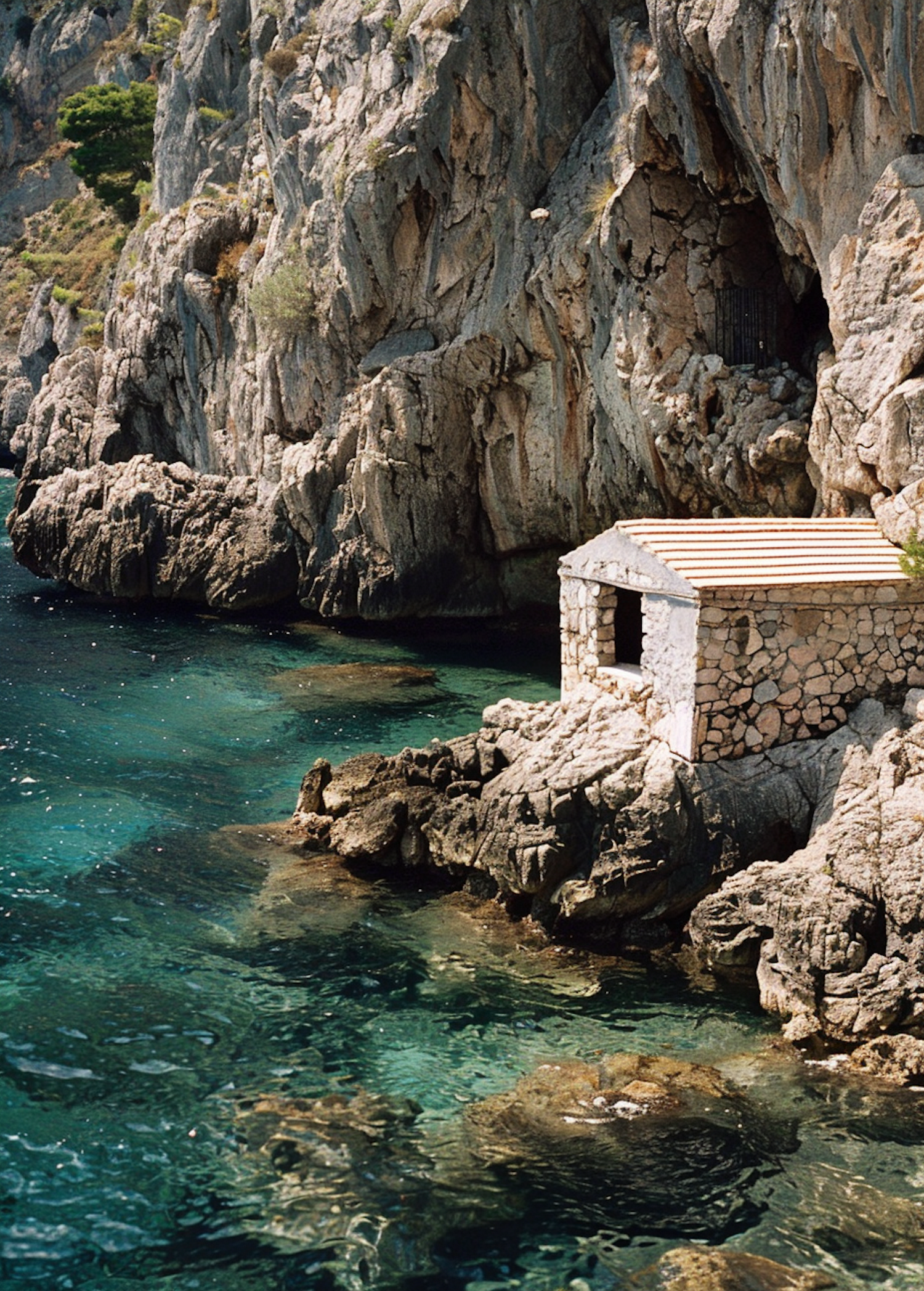 Serene Coastal Scene with Stone-Built Structure