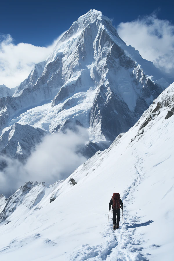 Solitary Climber on Snowy Mountain