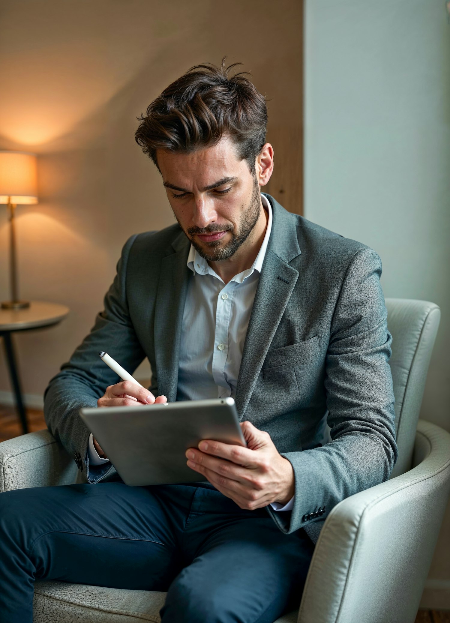 Man Focused on Tablet in Cozy Office