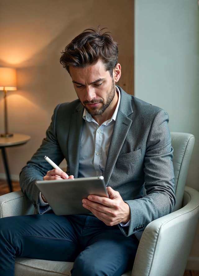 Man Focused on Tablet in Cozy Office