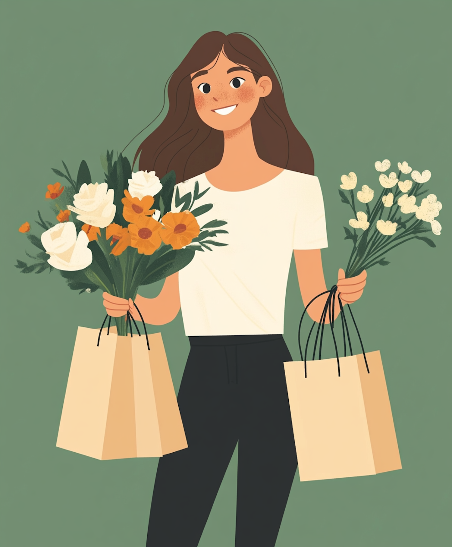 Content Female Shopper with Bouquet