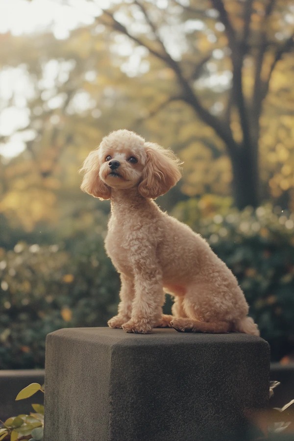 Curly-Haired Dog on Pedestal