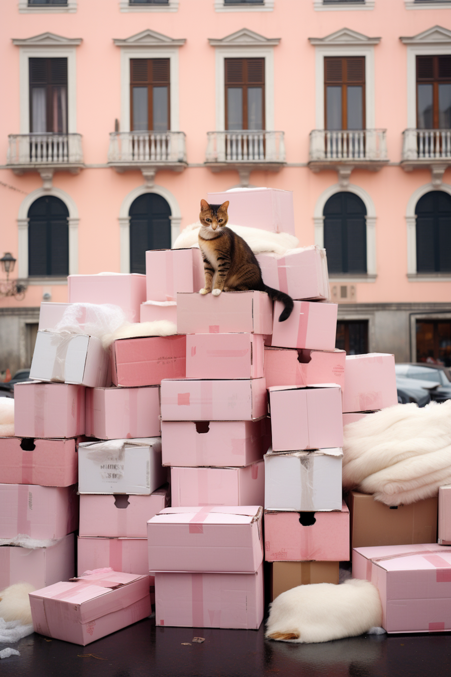 Urban Poise: The Confident Cat Amidst Pastel Pinks