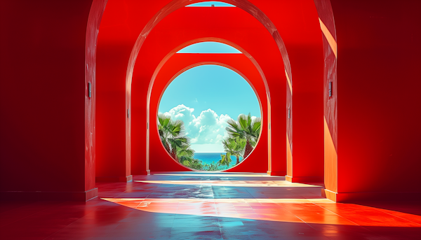 Vibrant Red Archways with Picturesque Seaview