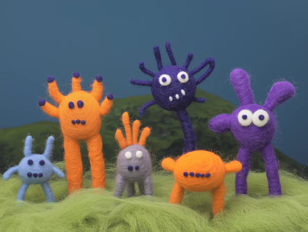 Colorful Felted Wool Creatures on Grass