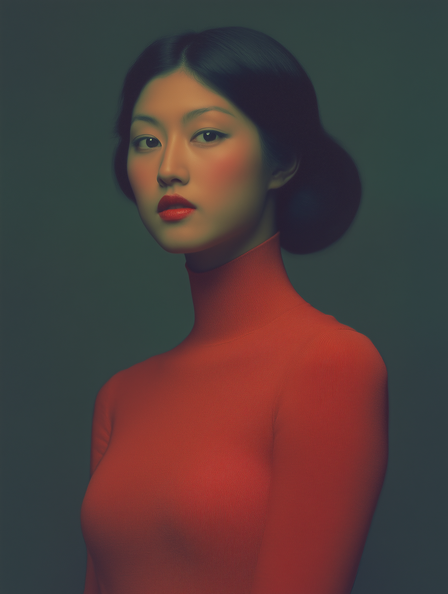 Serene Woman in Red Turtleneck