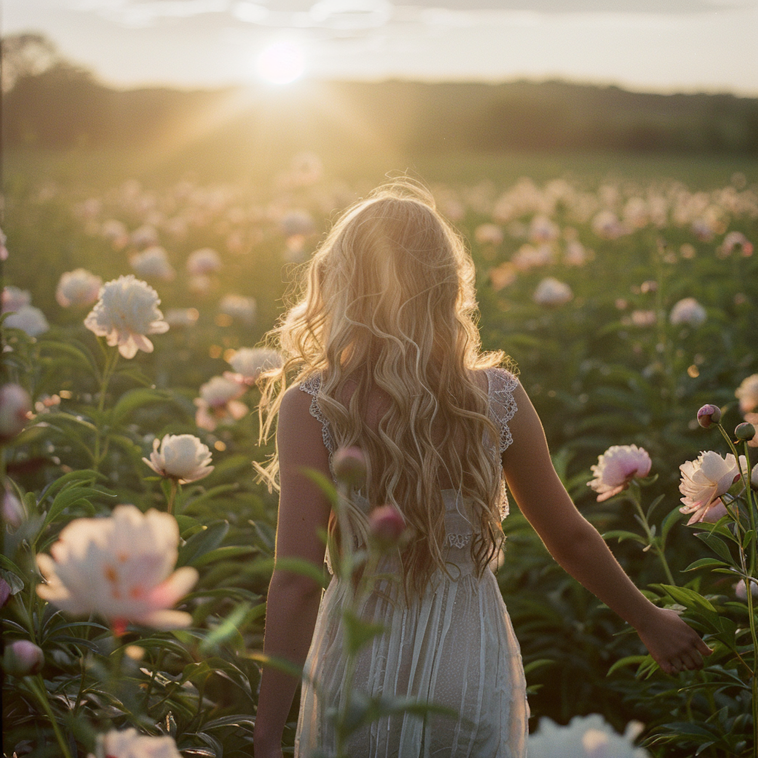 Serene Woman in Peony Field at Sunset