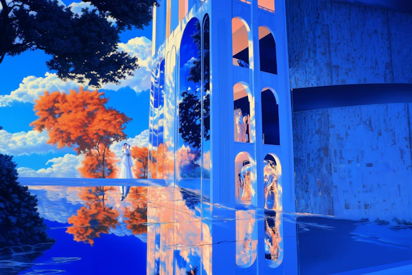Surreal Scene with Reflective Figures