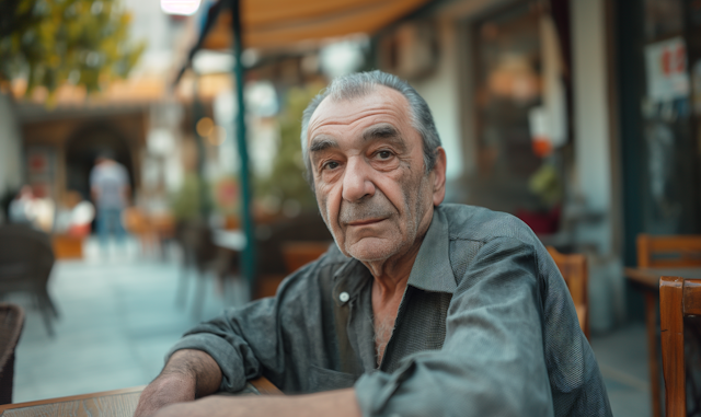 Elderly Man Contemplating at Outdoor Café