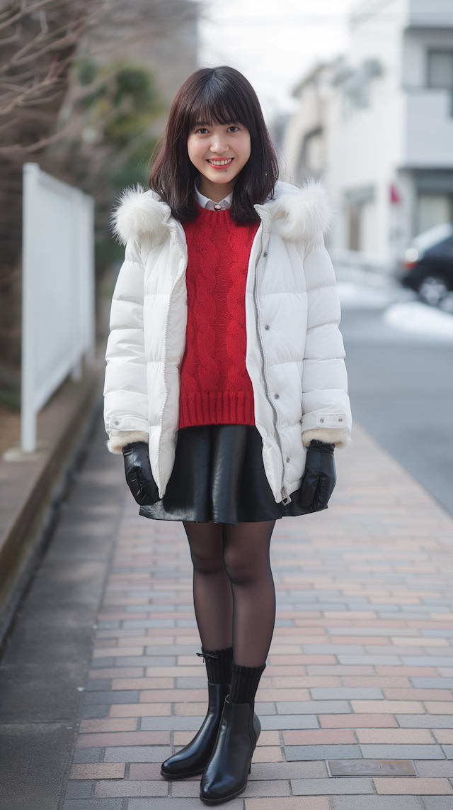 Young Woman on a Street in StyMlish Winter Attire