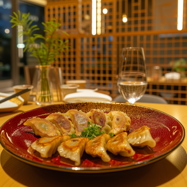 Pan-Fried Dumplings on Red Plate