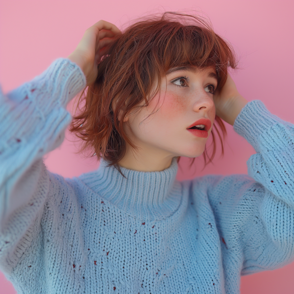 Contemplative Young Woman in Pink and Blue