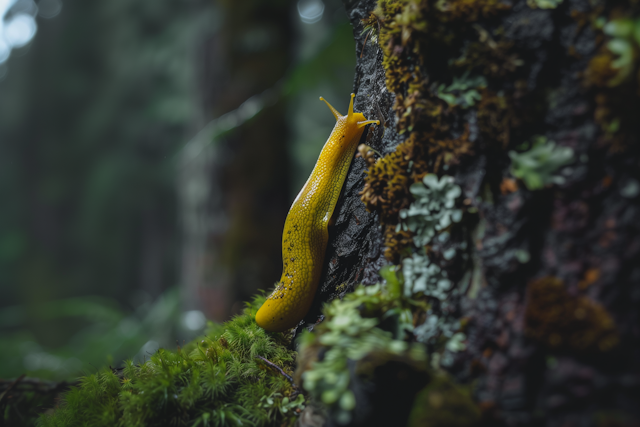 Vivid Banana Slug on Tree Bark