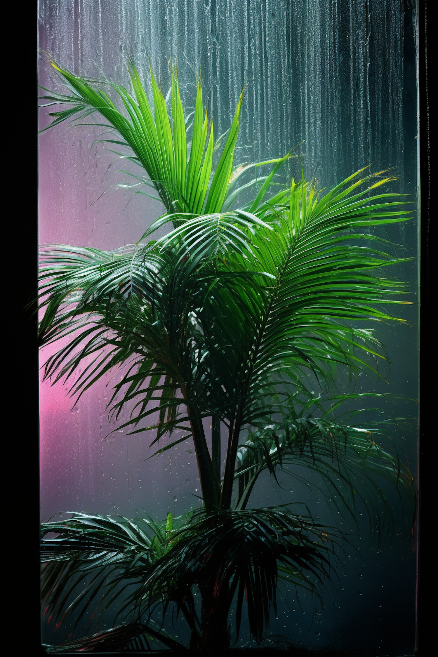 Rain-Kissed Palm Against Twilight Window