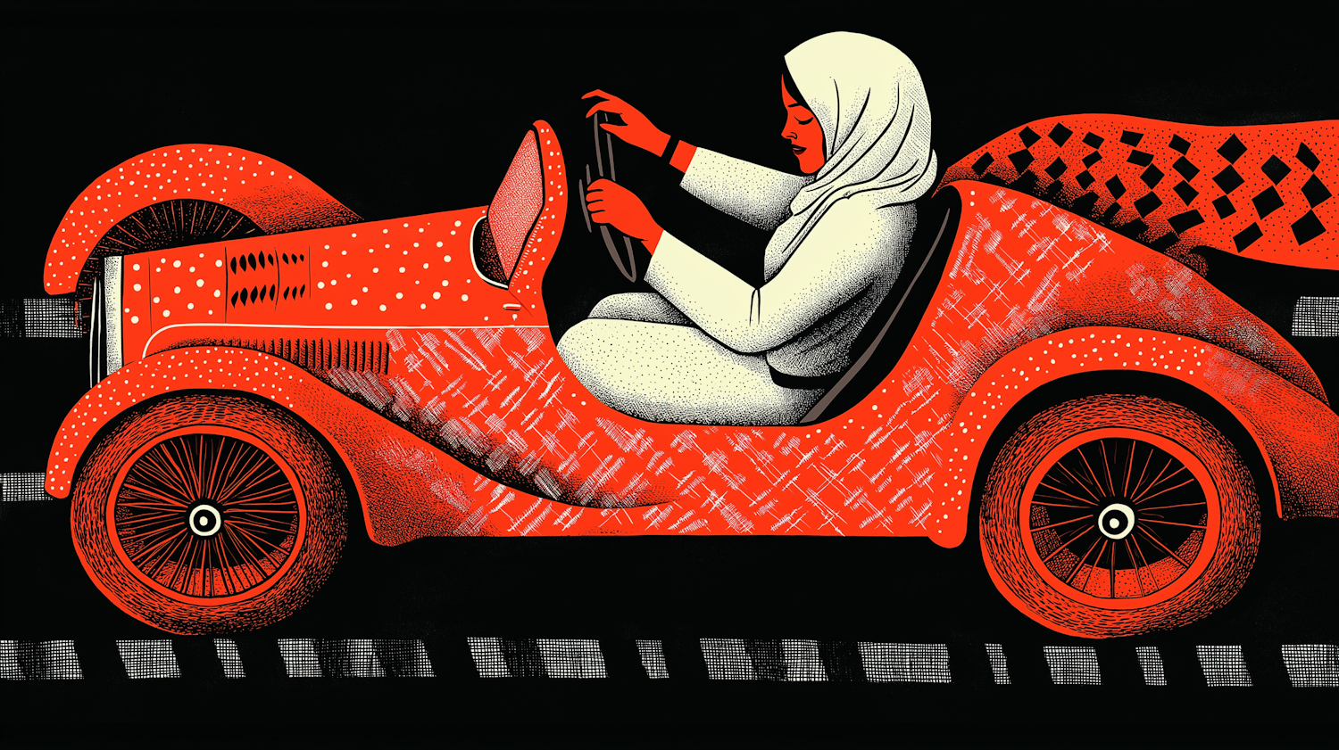 Woman in Hijab Driving Red Vintage Car Illustration