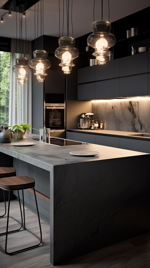 Modern Monochrome Kitchen with Artistic Lighting