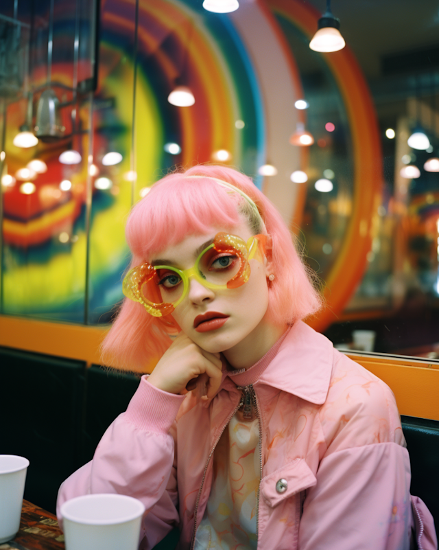 Dreamy Pink-Haired Woman in Whimsical Café