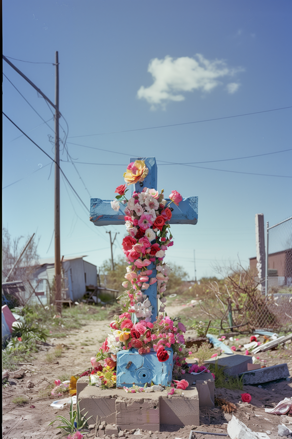 Serene Blue Memorial Cross in Desolate Landscape