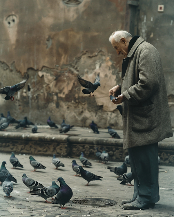 Man Feeding Pigeons on Cobblestone Street