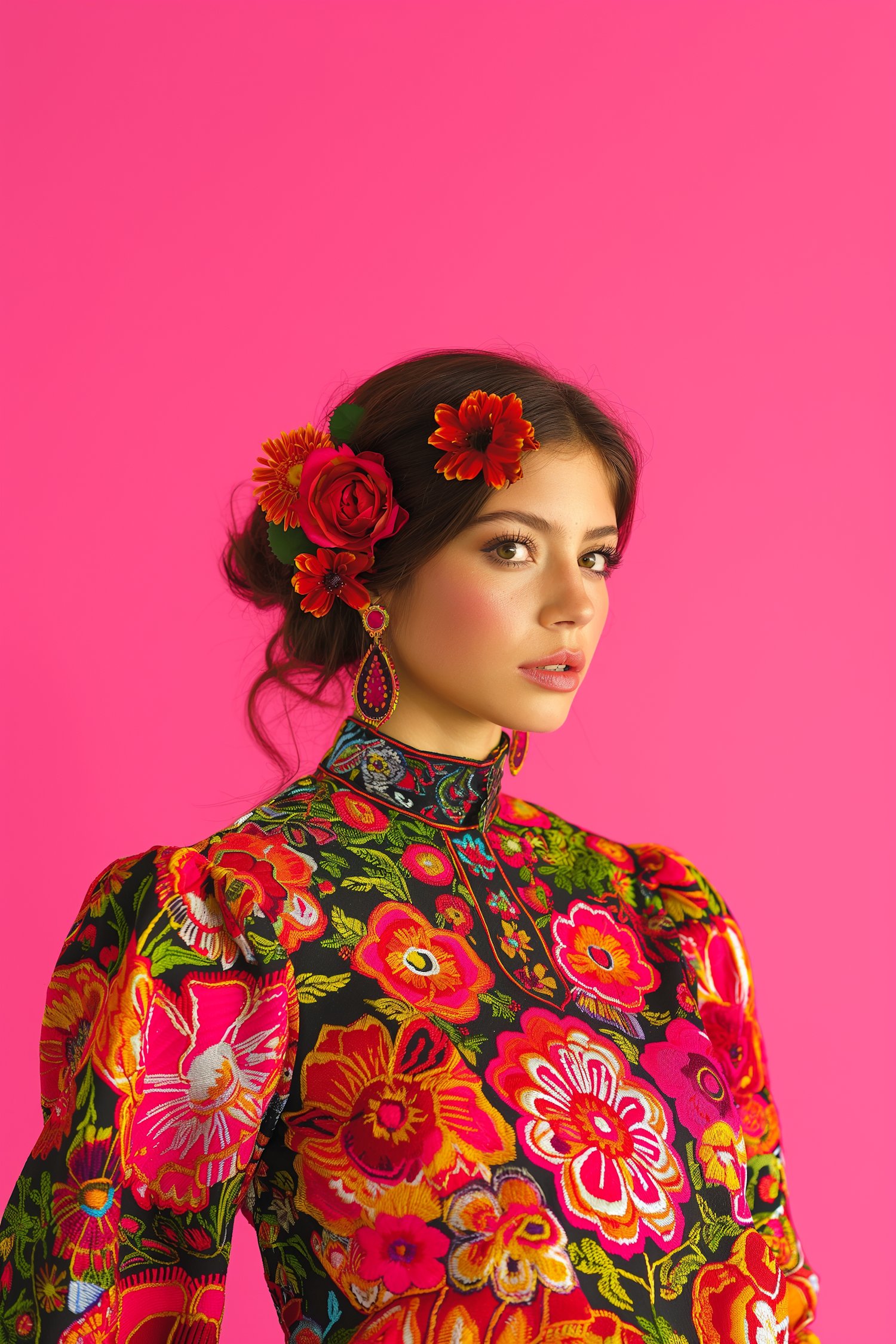 Woman in Floral Attire Against Pink Background