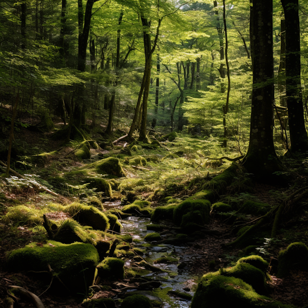 Tranquil Sunbeam Stream through the Ancient Mossy Woodland