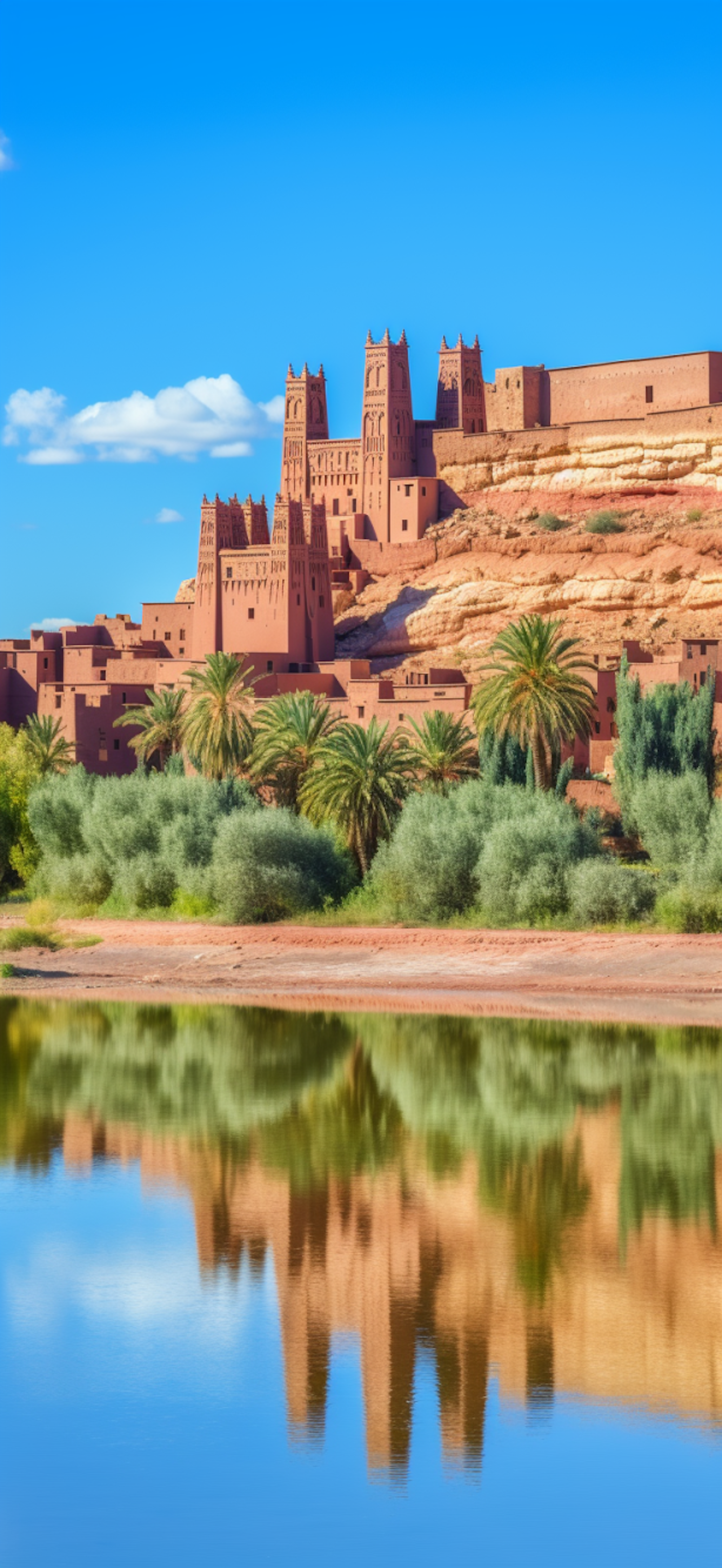 Kasbah Amidst Palms and Reflection