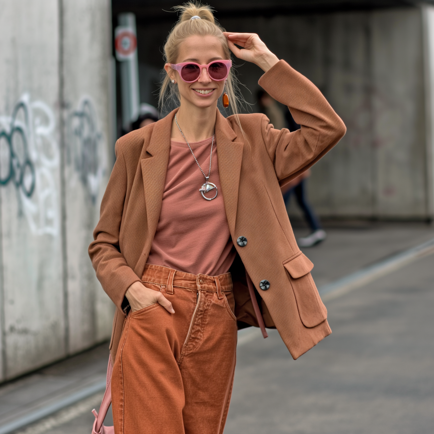 Stylish Young Woman in Chic Autumn Outfit on City Street