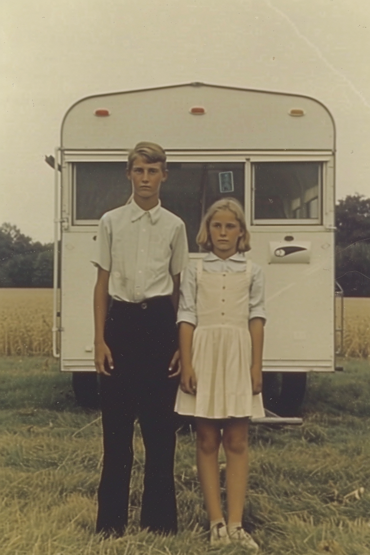 Vintage Siblings by a Trailer