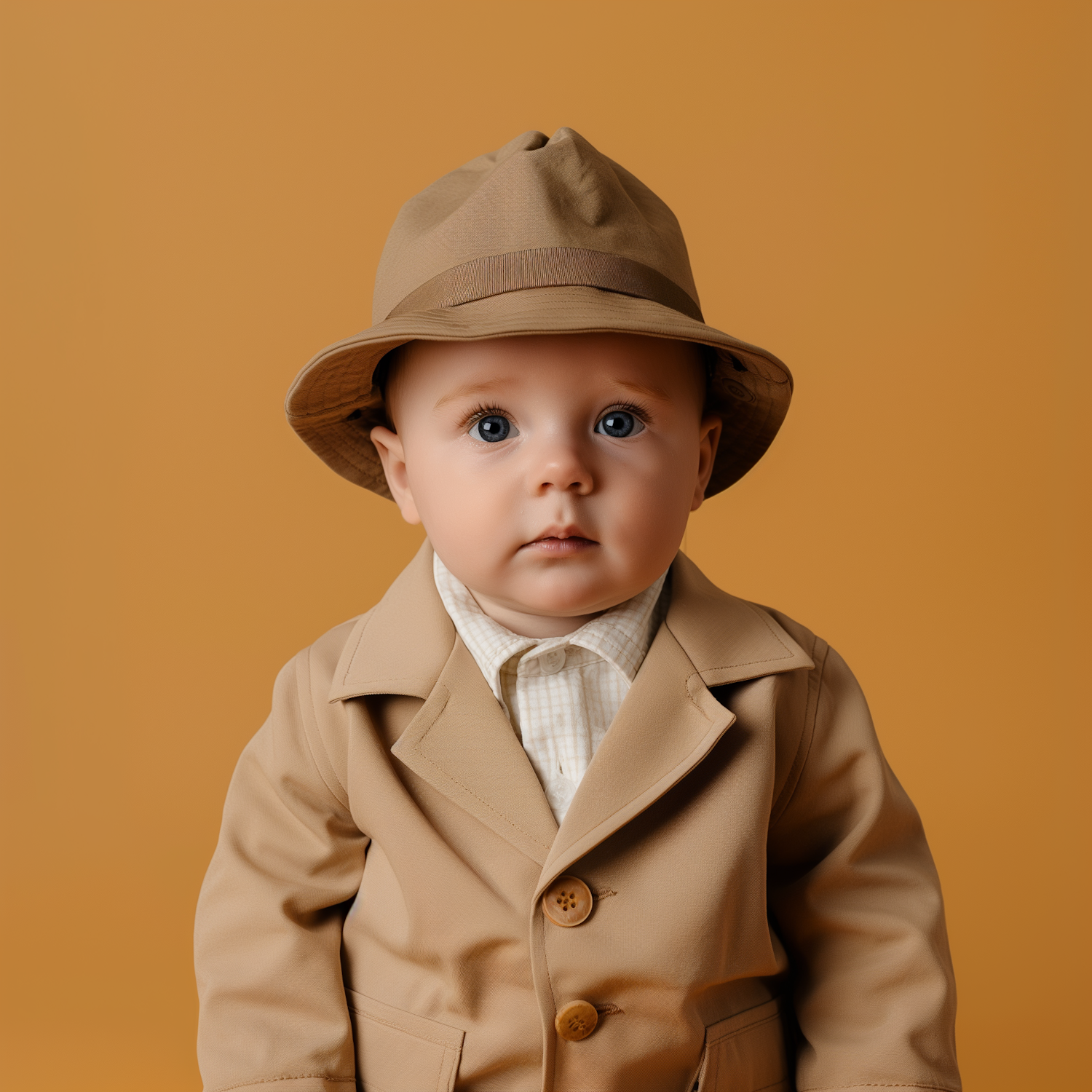 Stylish Baby in Trench Coat and Fedora