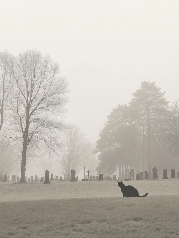 Foggy Cemetery with Black Cat