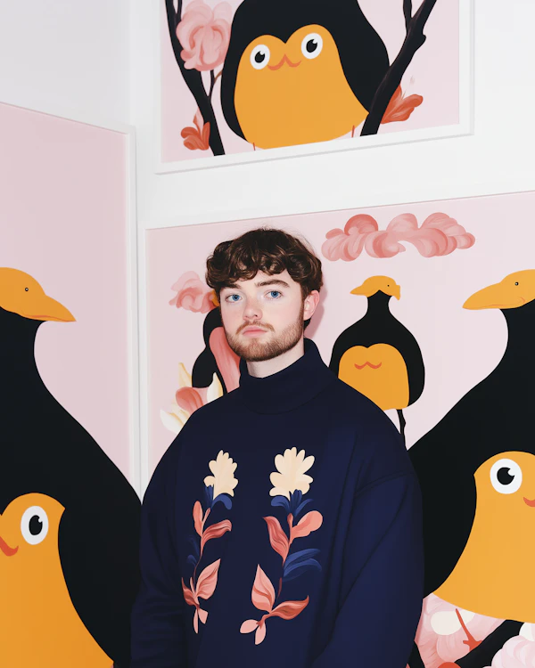 Man with Curly Hair in Front of Bird Artwork
