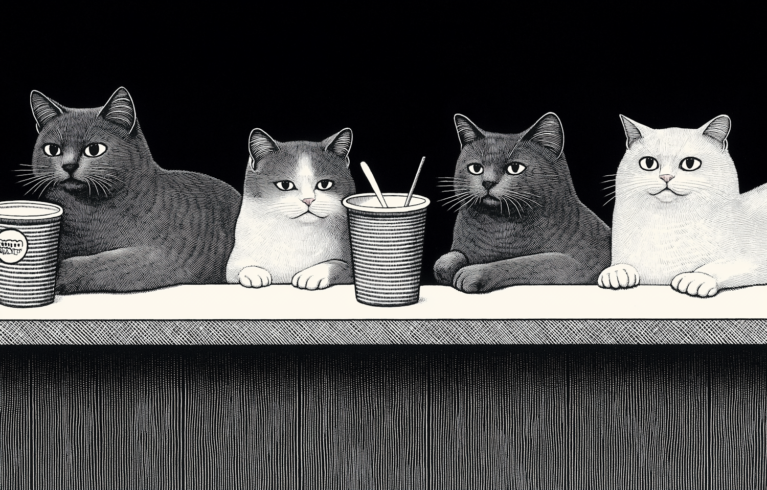 Four Cats and Drink Cups Illustration