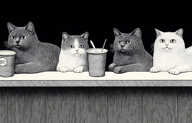 Four Cats and Drink Cups Illustration