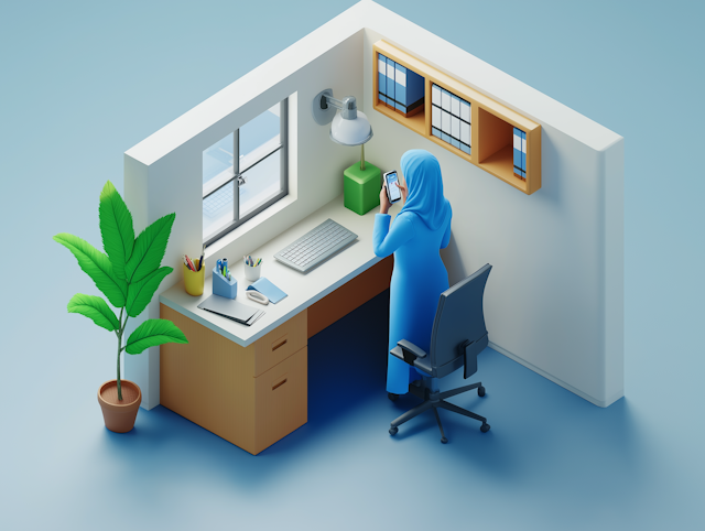 Serene Workspace with Woman in Blue Hijab