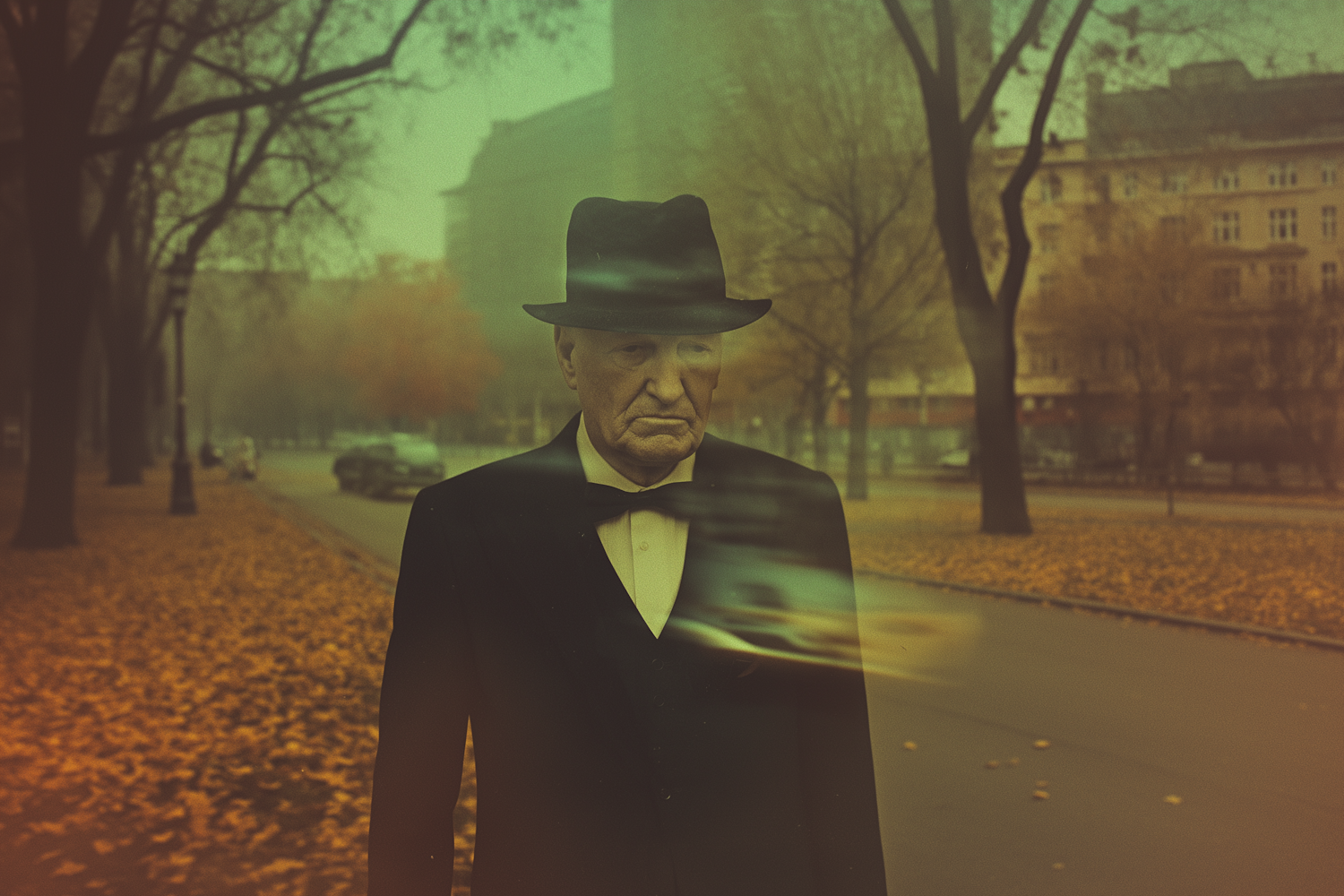 Elderly Man in Urban Autumn Setting