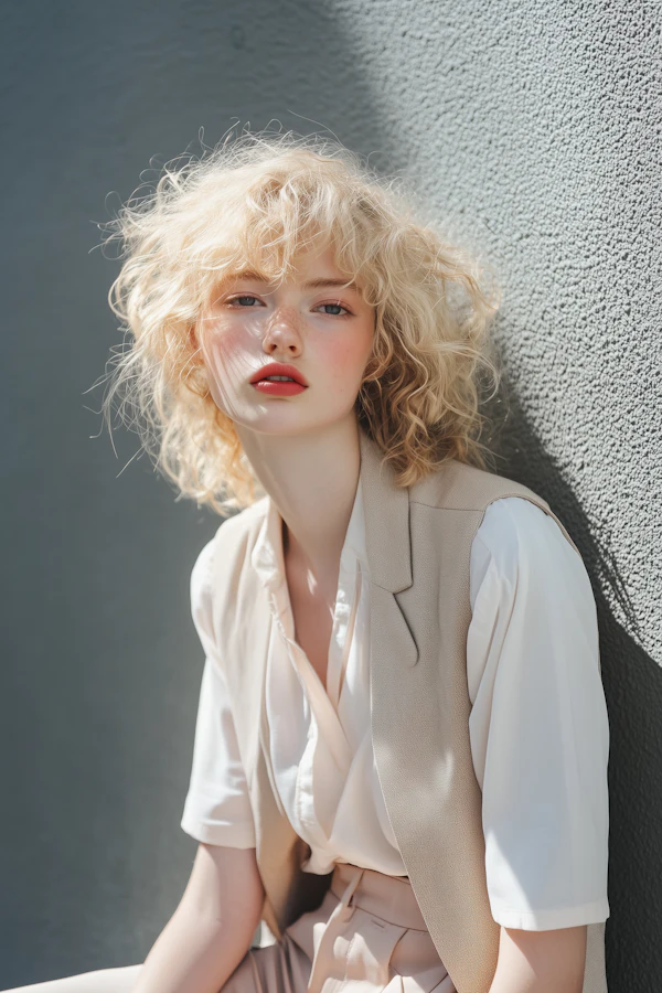 Contemplative Woman with Curly Blonde Hair