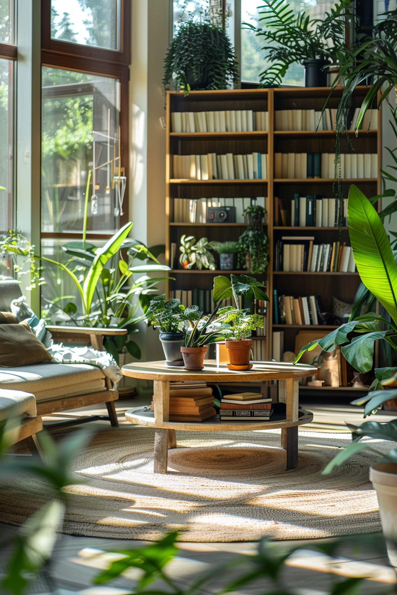 Serene Indoor Green Space with Bookshelf and Wooden Table