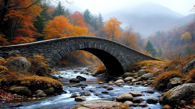 Serene Autumn Landscape with Stone Bridge