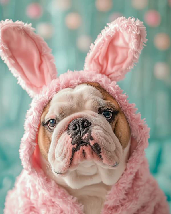 Bulldog in Bunny Costume