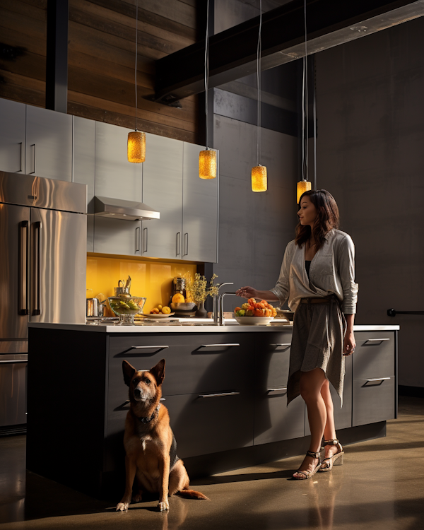 Contemporary Comfort: Woman and Loyal Dog in a Cozy Modern Kitchen