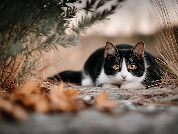 Alert Black-and-White Cat