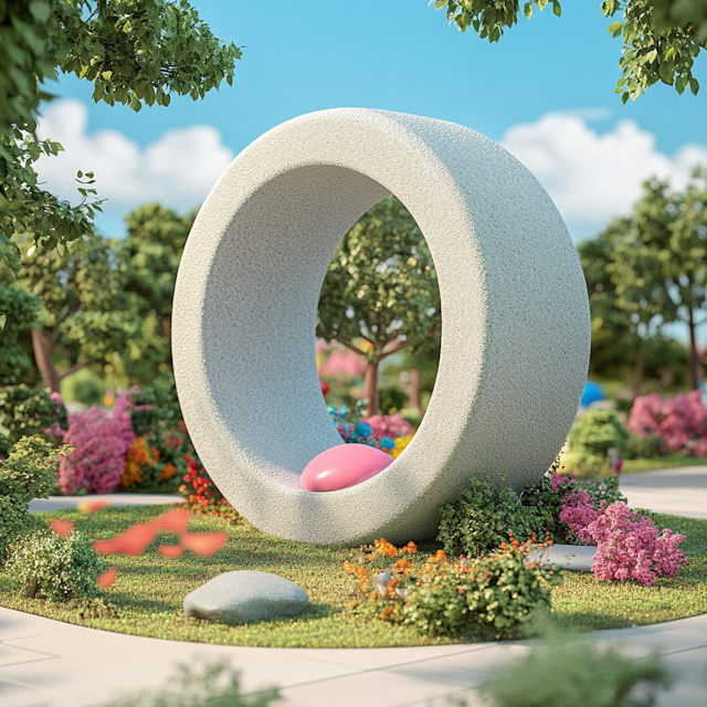 Surreal White Torus Sculpture in Vibrant Garden