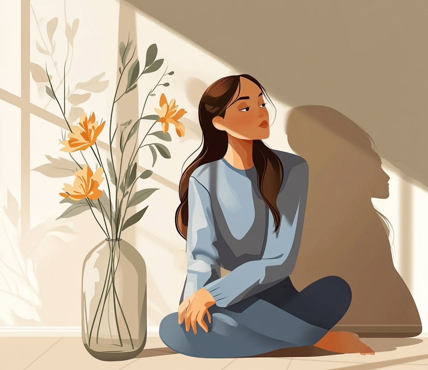 Tranquil Indoor Scene with Woman and Flowers