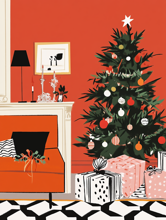 Cozy Festive Interior with Christmas Tree