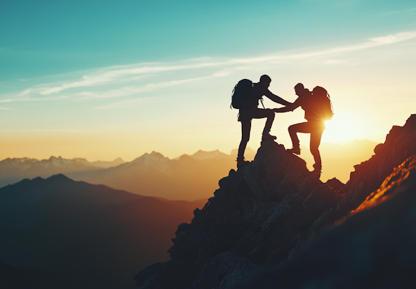 Mountain Climber's Comradeship at Sunset