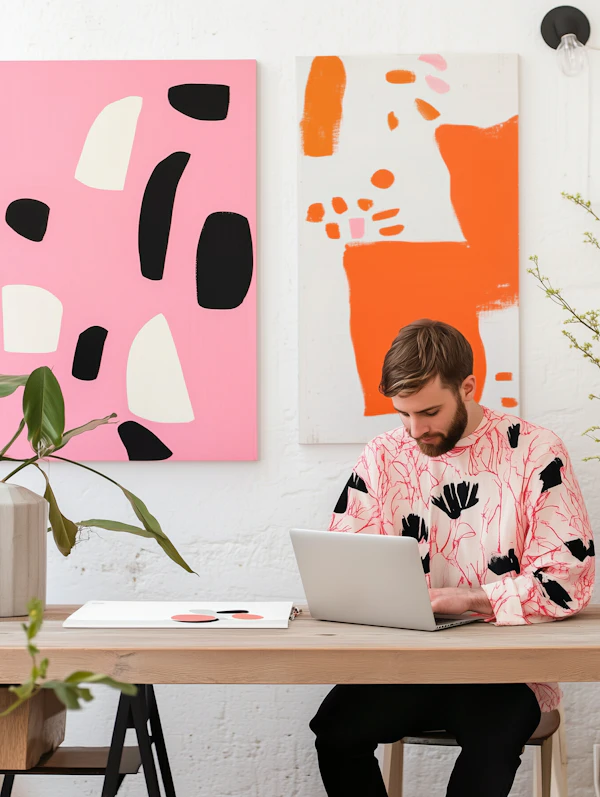 Man Working at Desk with Abstract Art