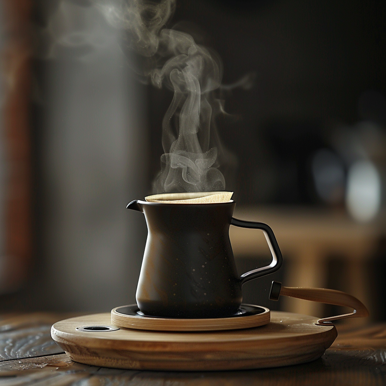 Modern Black Coffee Pot on Wooden Tray