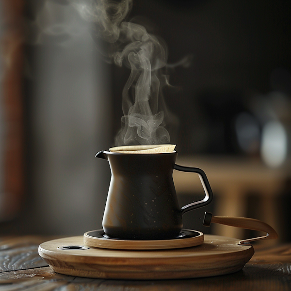 Modern Black Coffee Pot on Wooden Tray