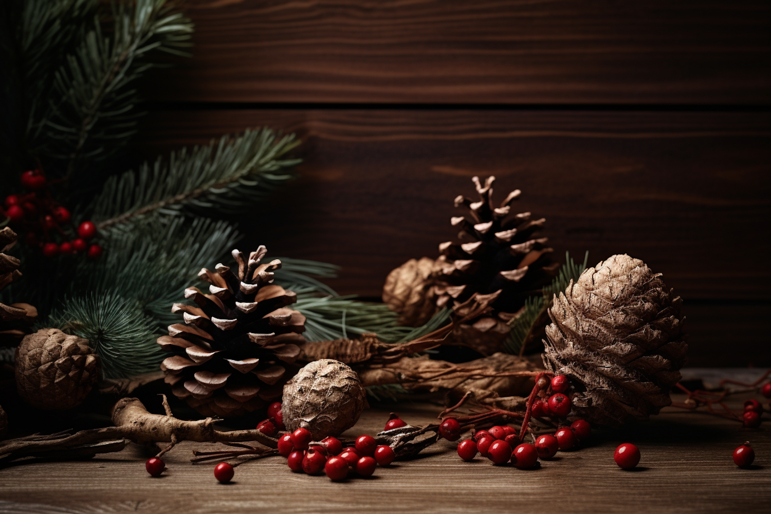 Winter's Embrace: A Rustic Still Life with Pine Cones and Holly Berries